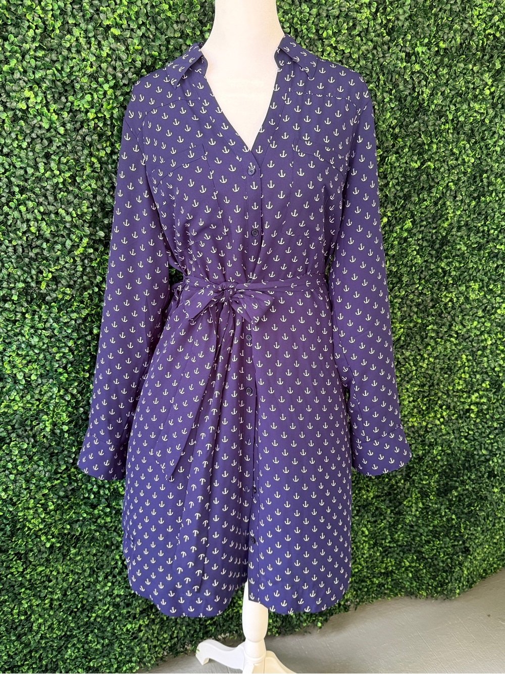 Express Navy Anchor-Print Tie-Waist Long Sleeve Dress - NWOT